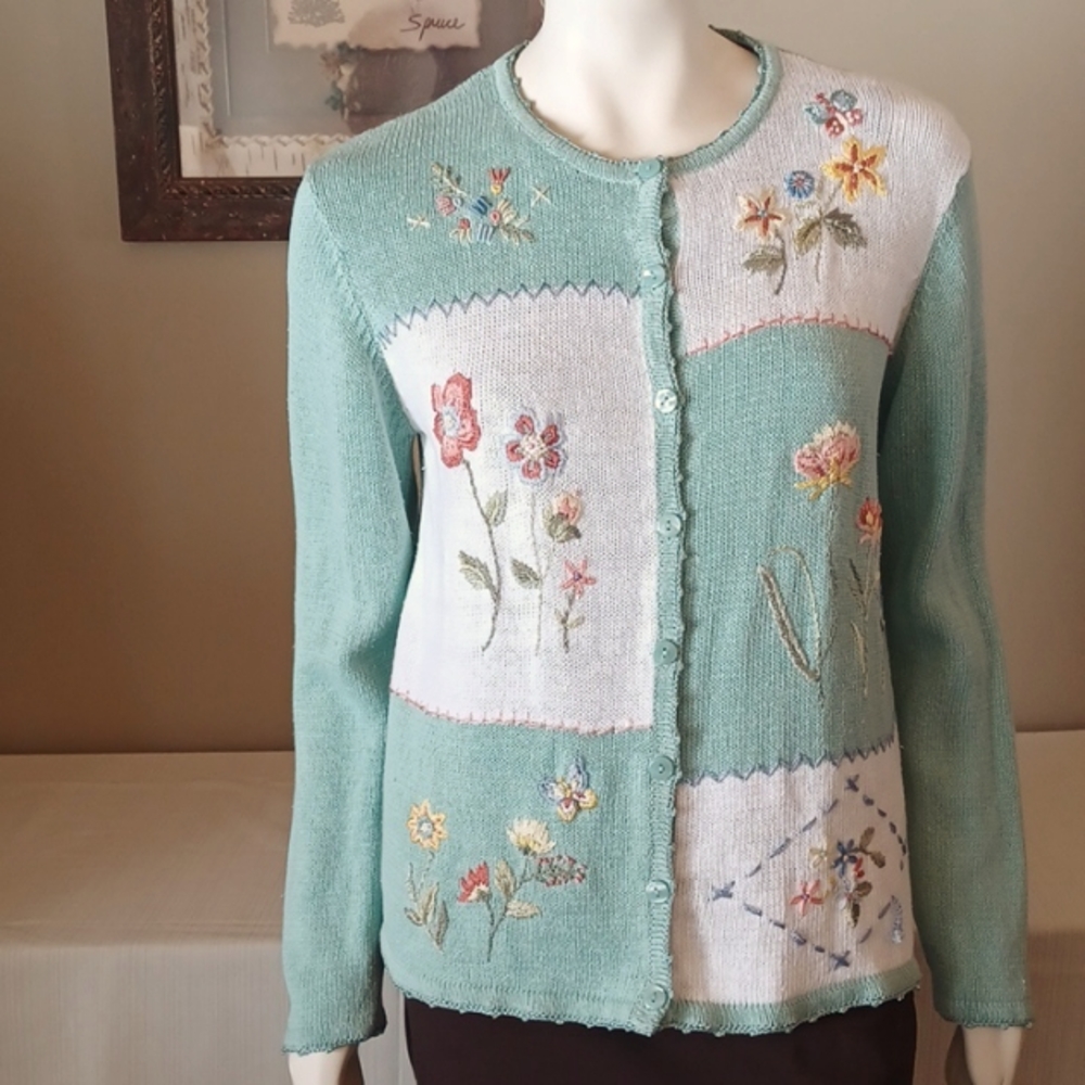 Sz L Haband Mint Patchwork Cardigan with 3D Embroidery